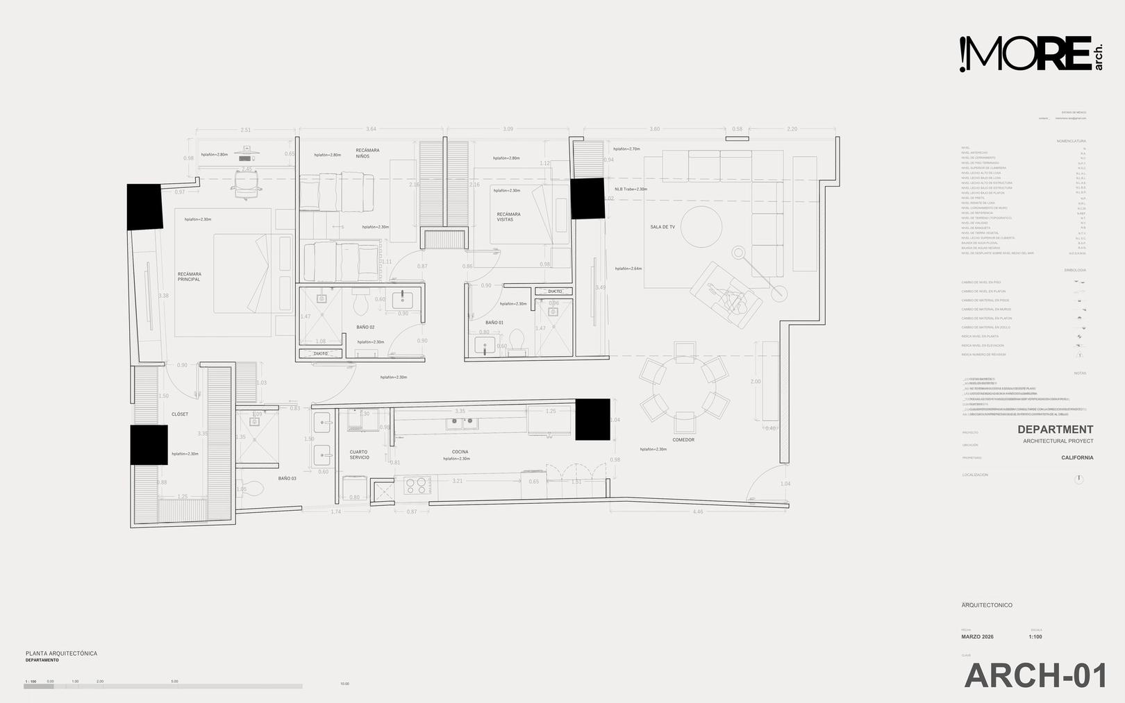 Architectural plan sheet ARCH-01 for an apartment, with a dimensioned layout and !MORE title block.