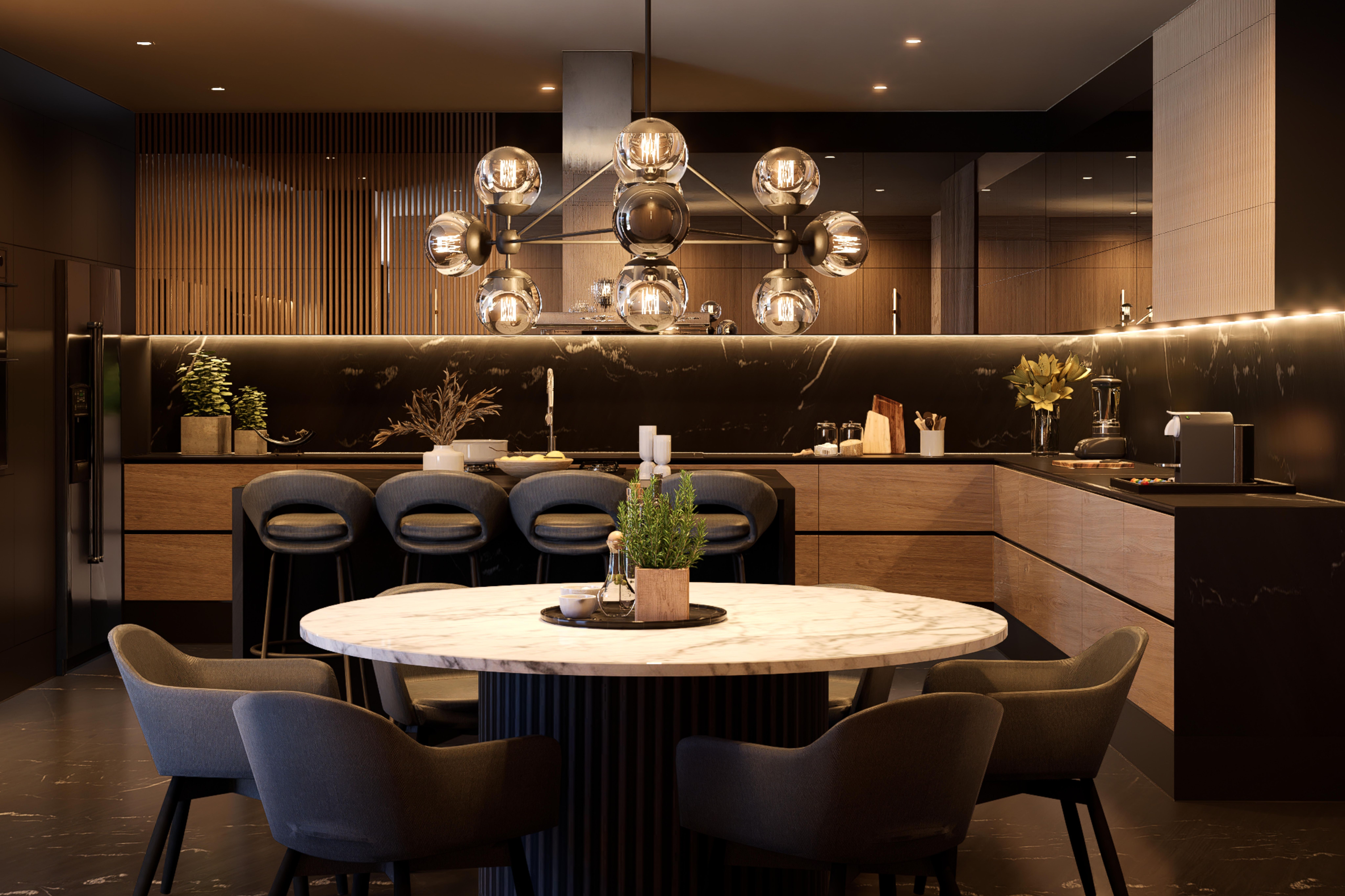 Oasis Appartement - Night kitchen with wood cabinetry, a black marble wall, a round marble table and a globe chandelier.