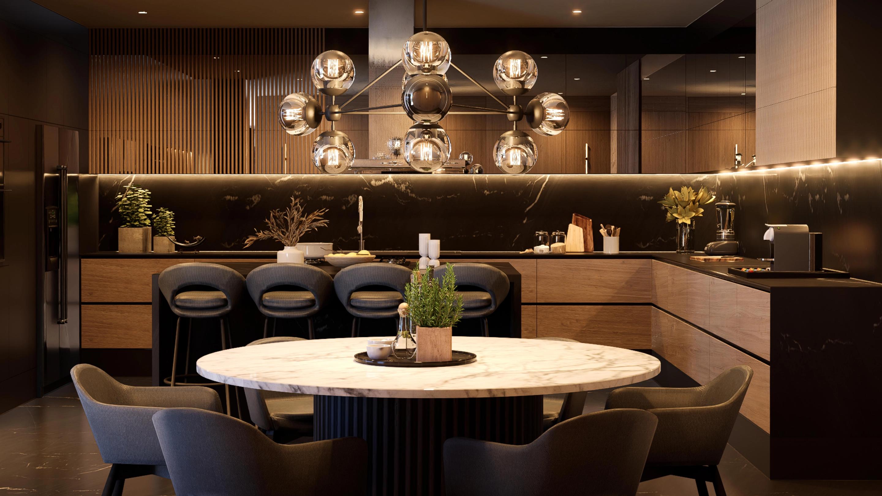 Oasis Appartement - Night kitchen with wood cabinetry, a black marble wall, a round marble table and a globe chandelier.