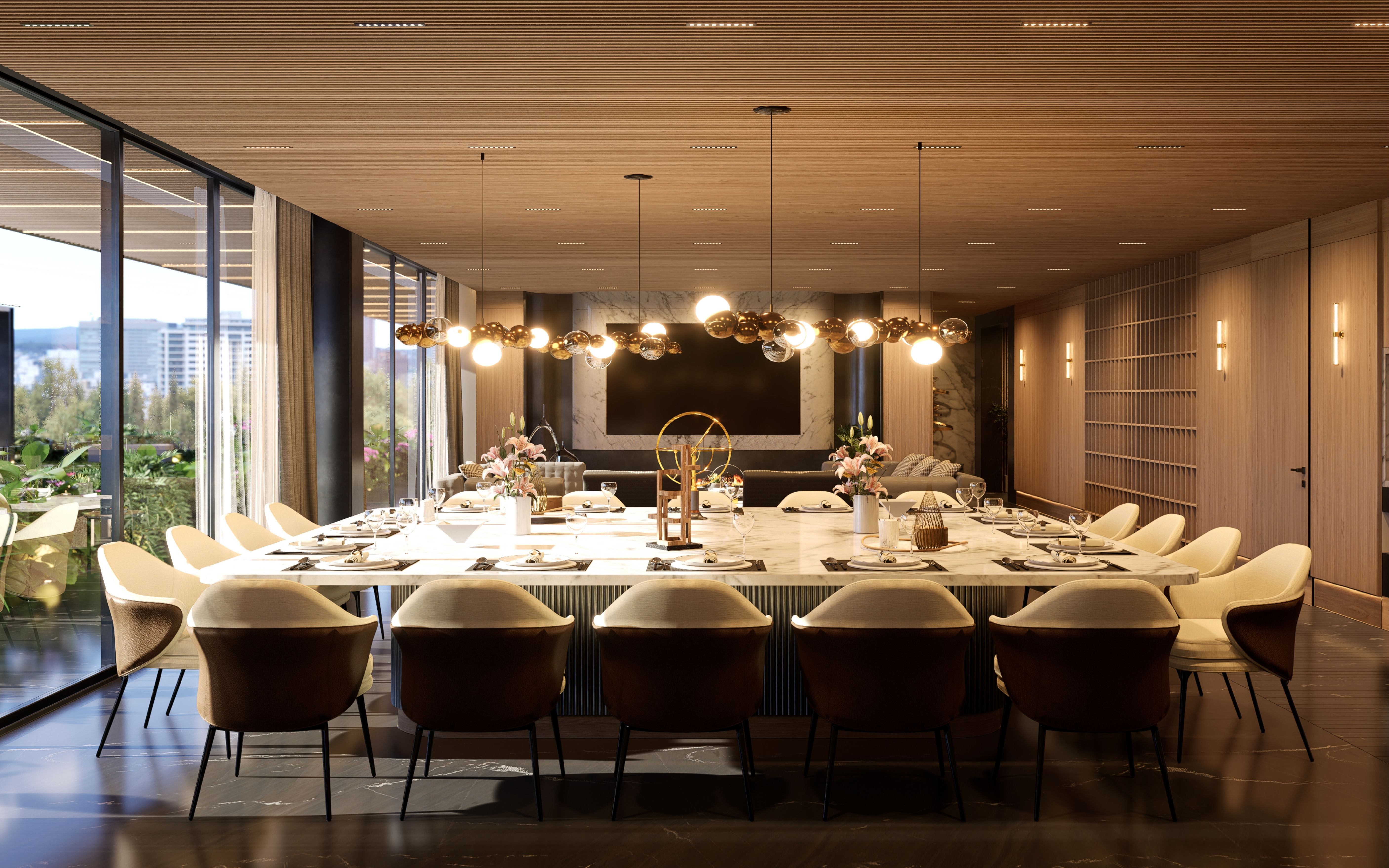 Private dining room with a long table, glass globe pendants and floor-to-ceiling windows onto treetops.