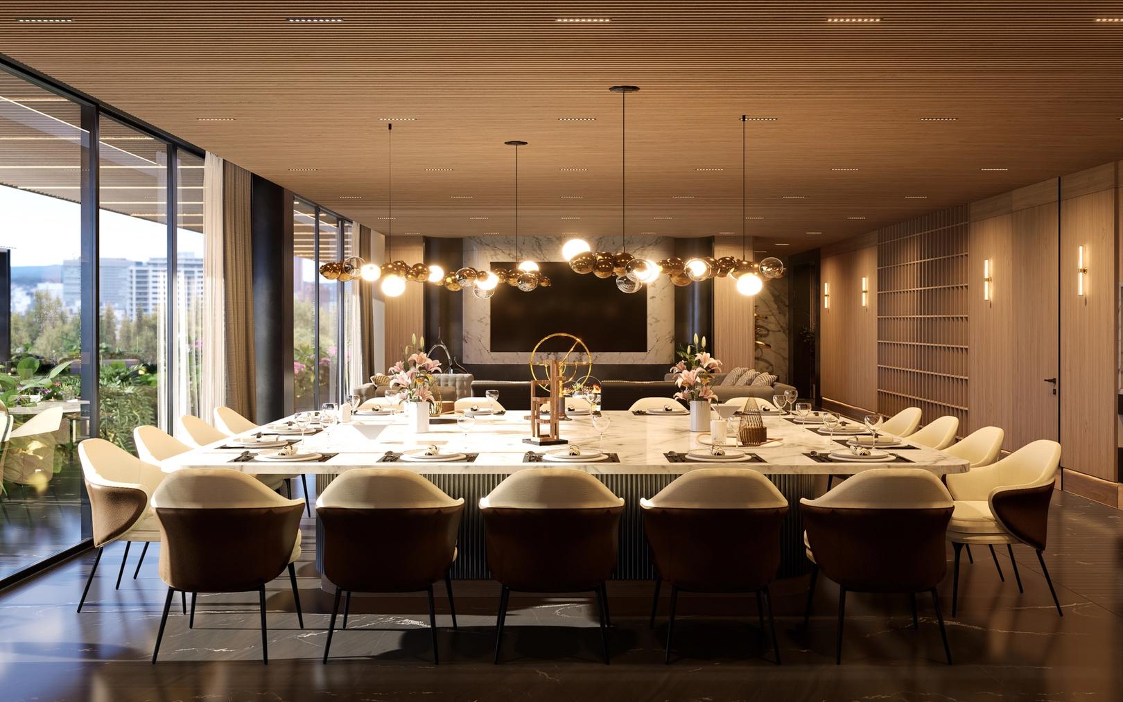 Private dining room with a long table, glass globe pendants and floor-to-ceiling windows onto treetops.