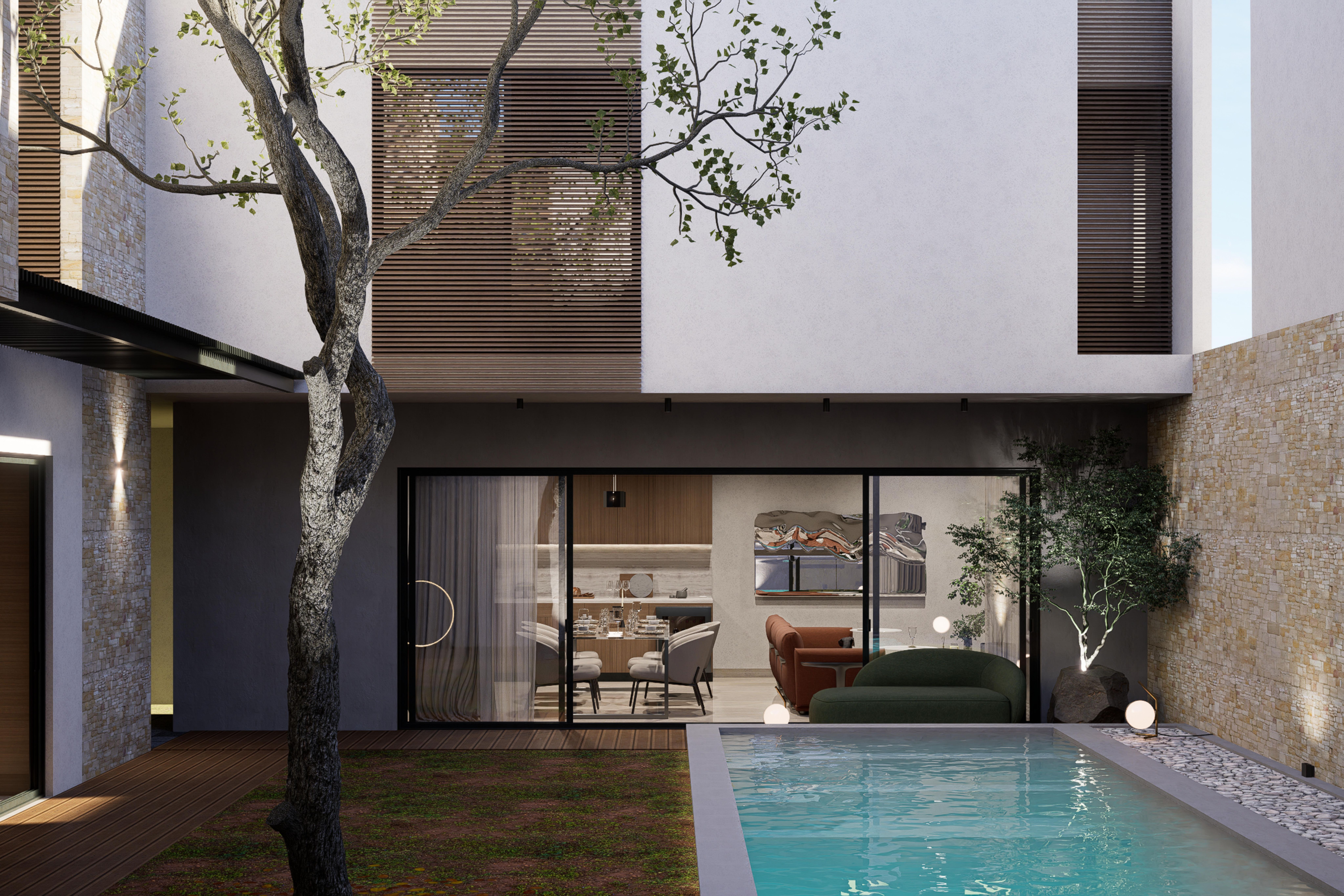 Mak House - Rear facade with an upper-level wooden lattice screen and sliding glass doors opening onto the pool.