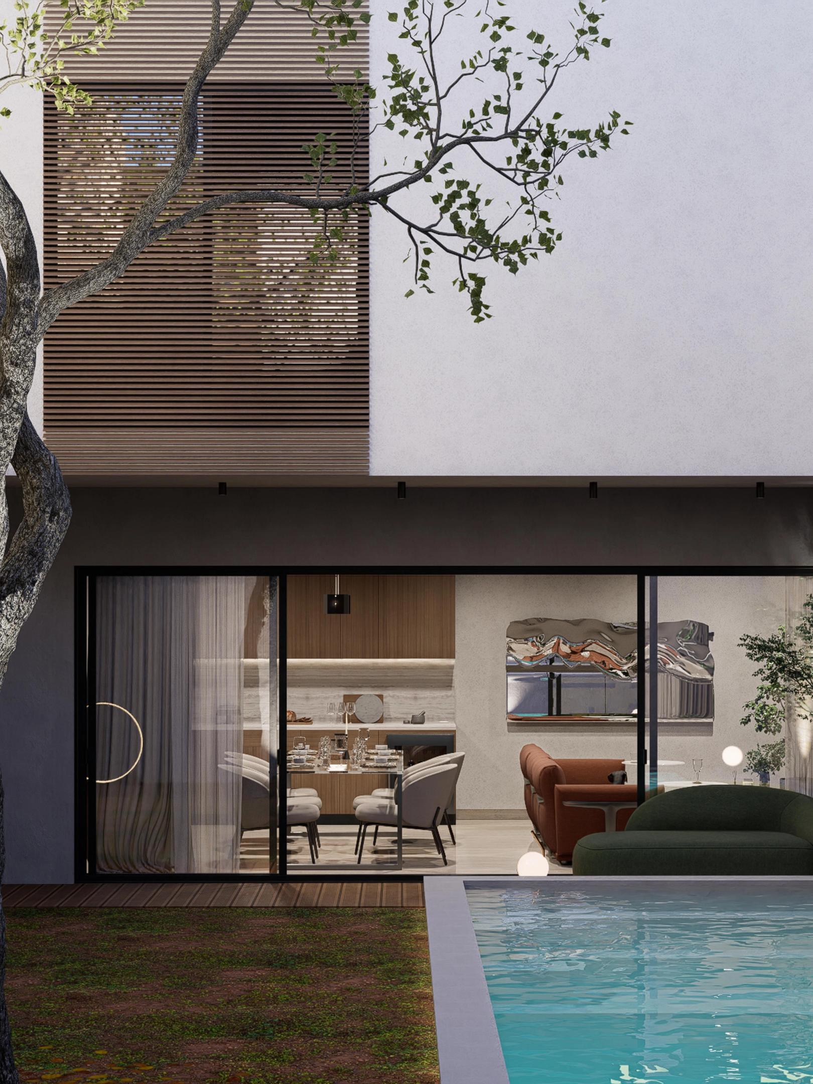 Mak House - Rear facade with an upper-level wooden lattice screen and sliding glass doors opening onto the pool.