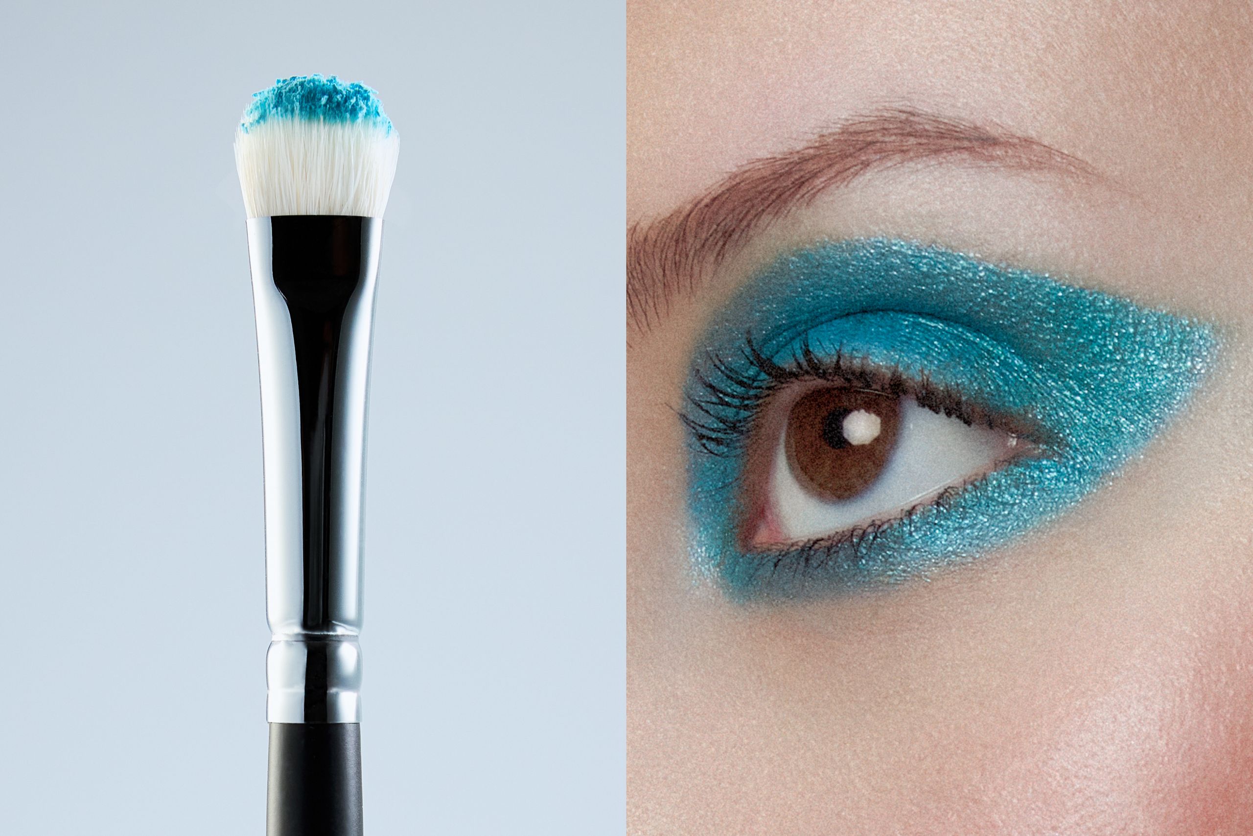 Eyeshadow brush tipped with turquoise pigment beside a close-up of a brown eye in shimmering turquoise shadow