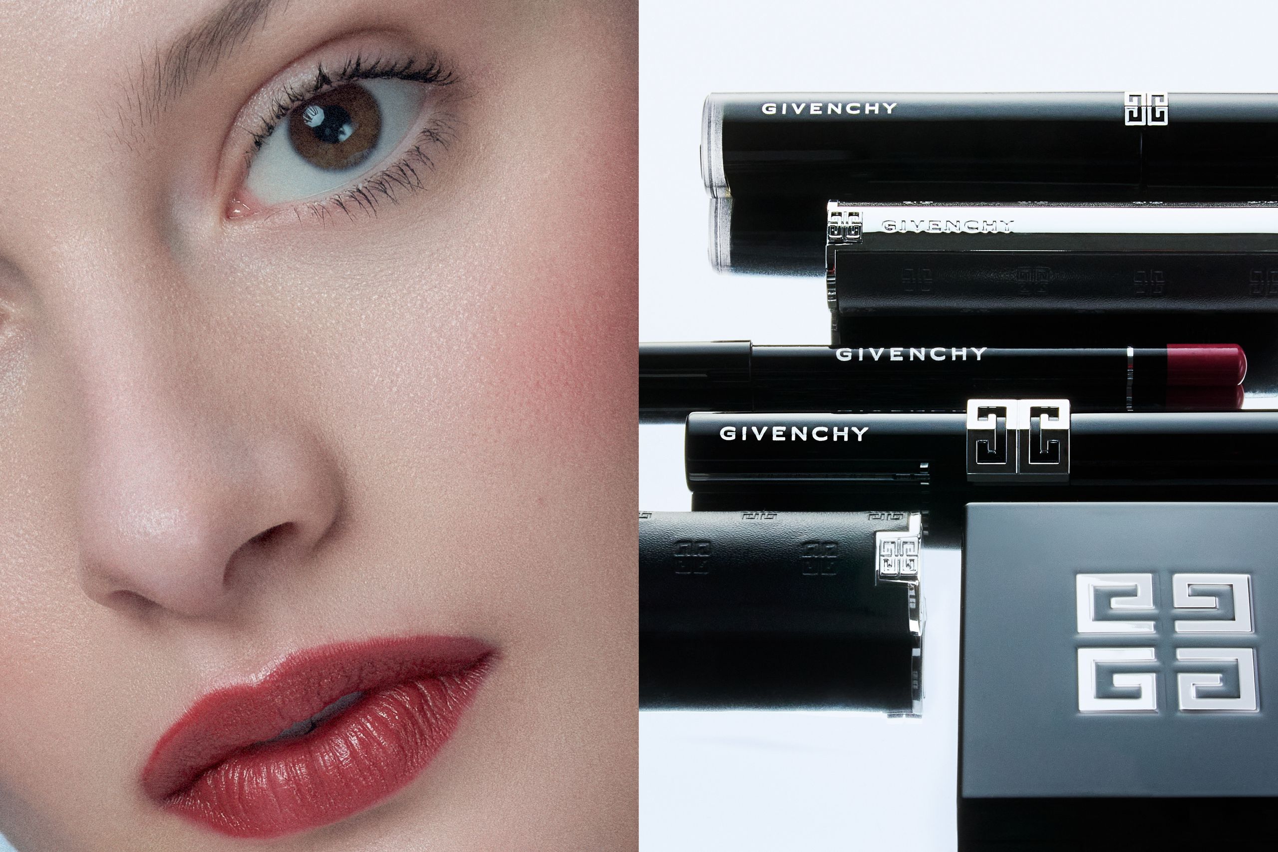 Close-up of a clear brown eye and rose lips, paired with stacked black Givenchy lipstick and compact cases