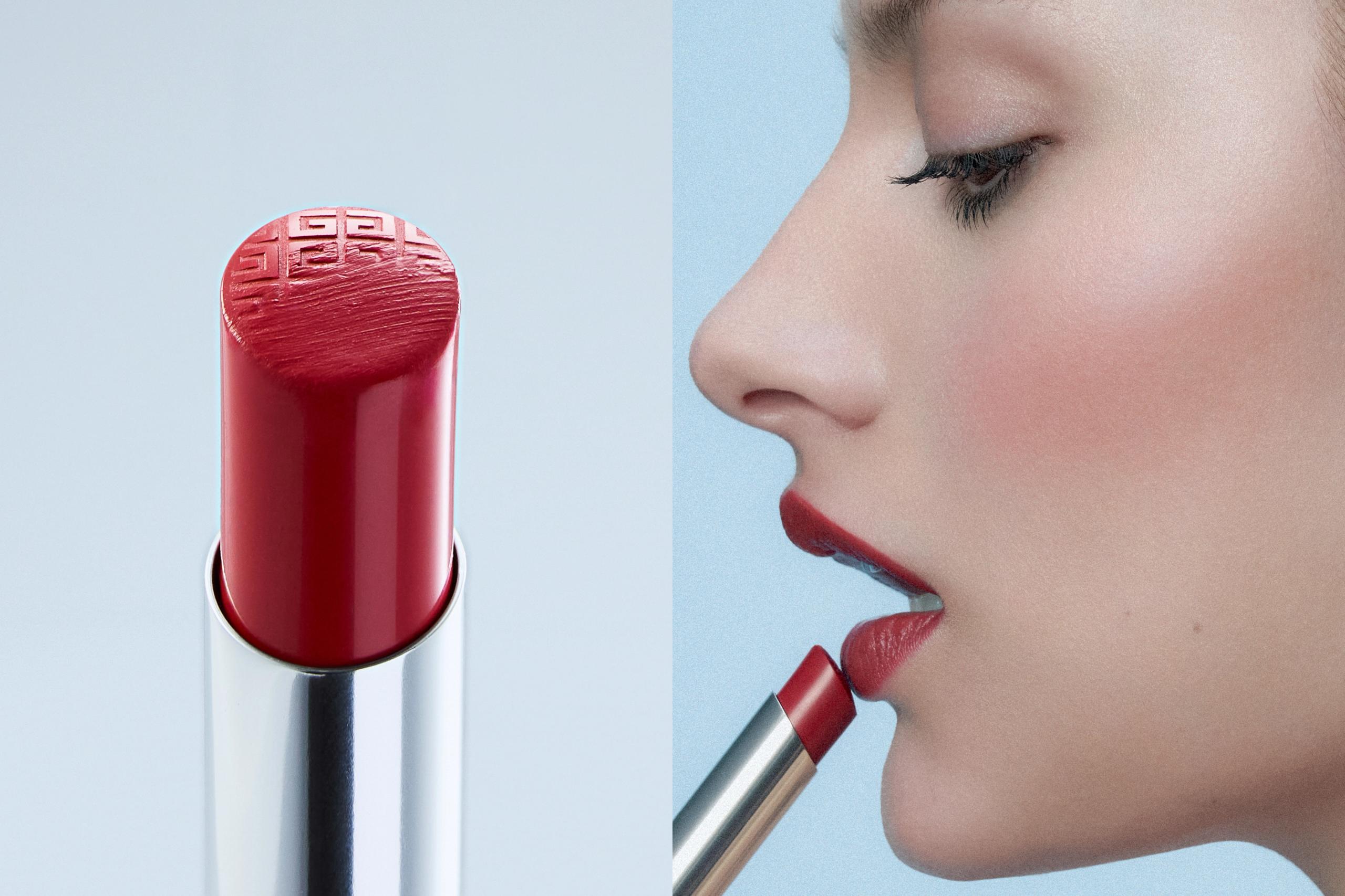 Macro of a red Givenchy lipstick bullet beside a profile of a model applying the same shade