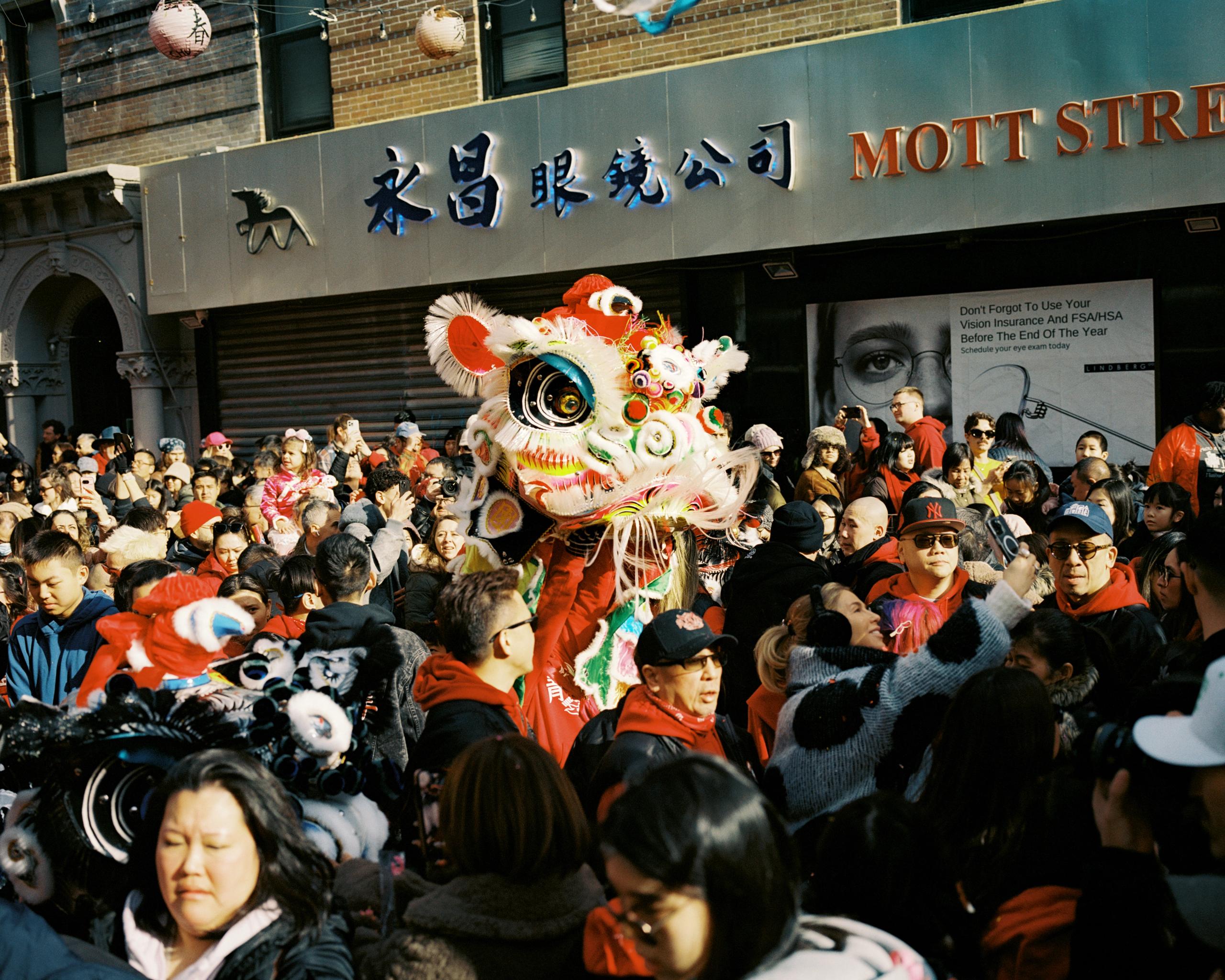 Lion dancer rising above a dense crowd outside a shop on Mott Street