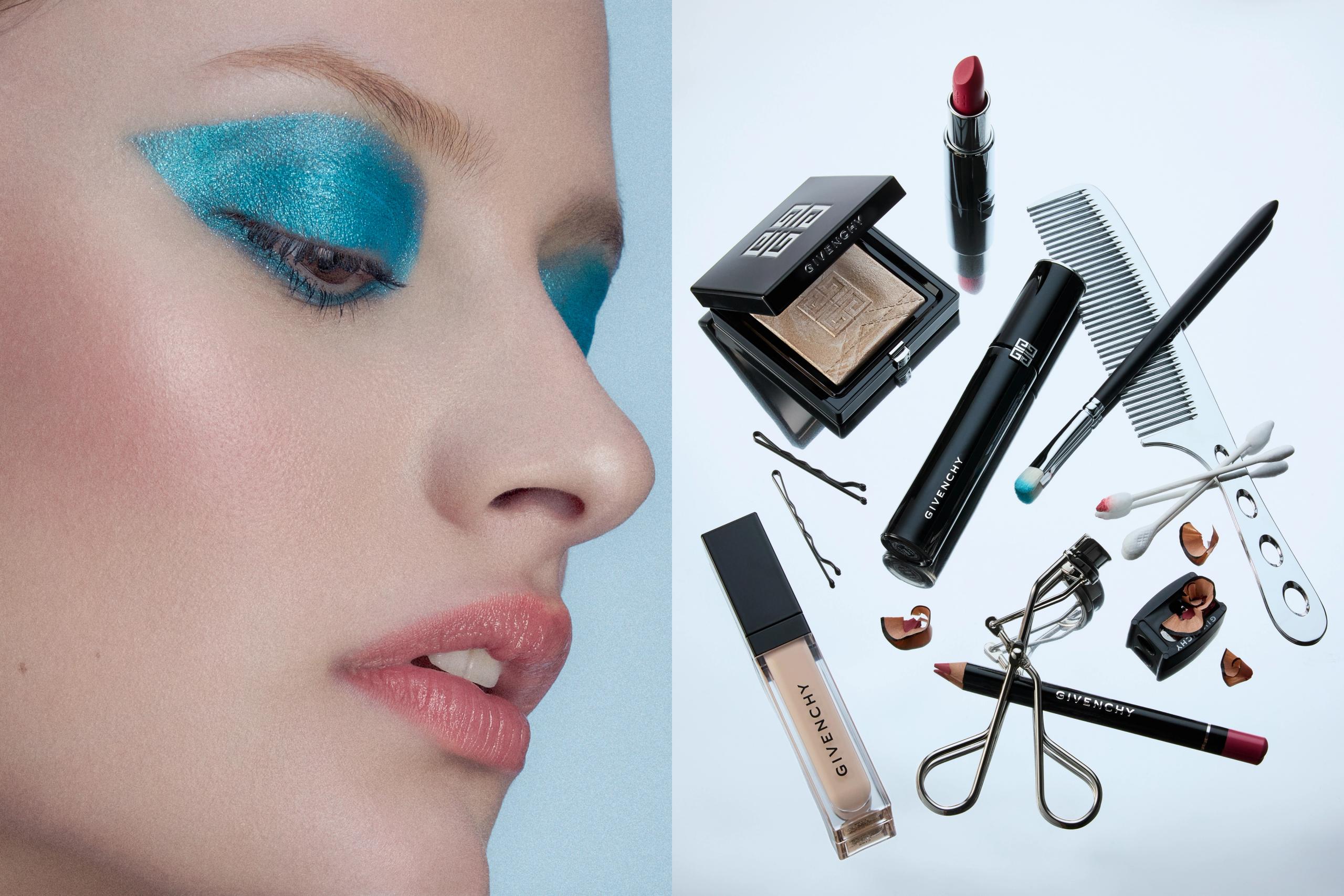 Model in profile with glossy turquoise eyeshadow, paired with a flat lay of Givenchy makeup, brushes and tools