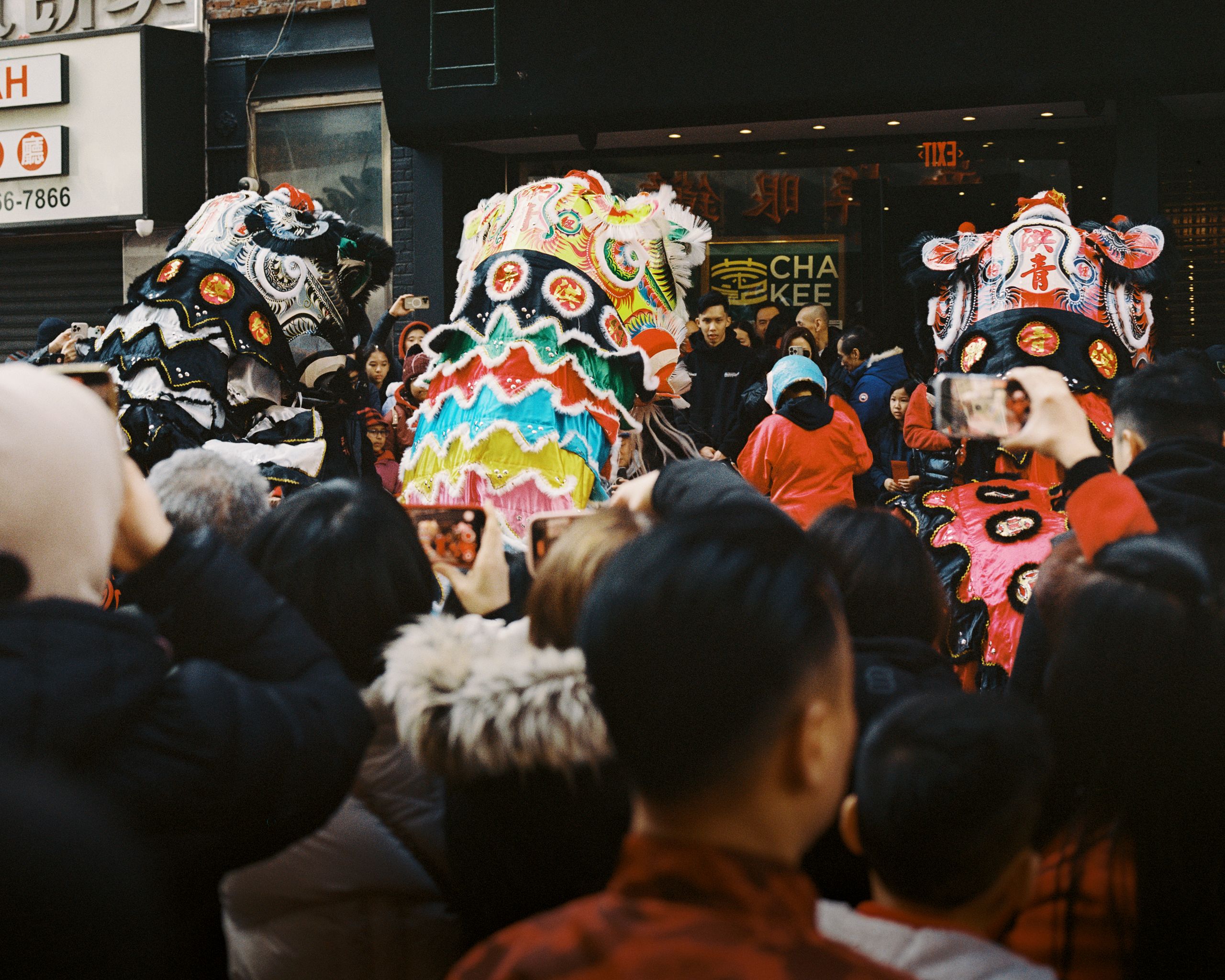 Rows of colorful lion dance heads above a crowd outside a lit storefront