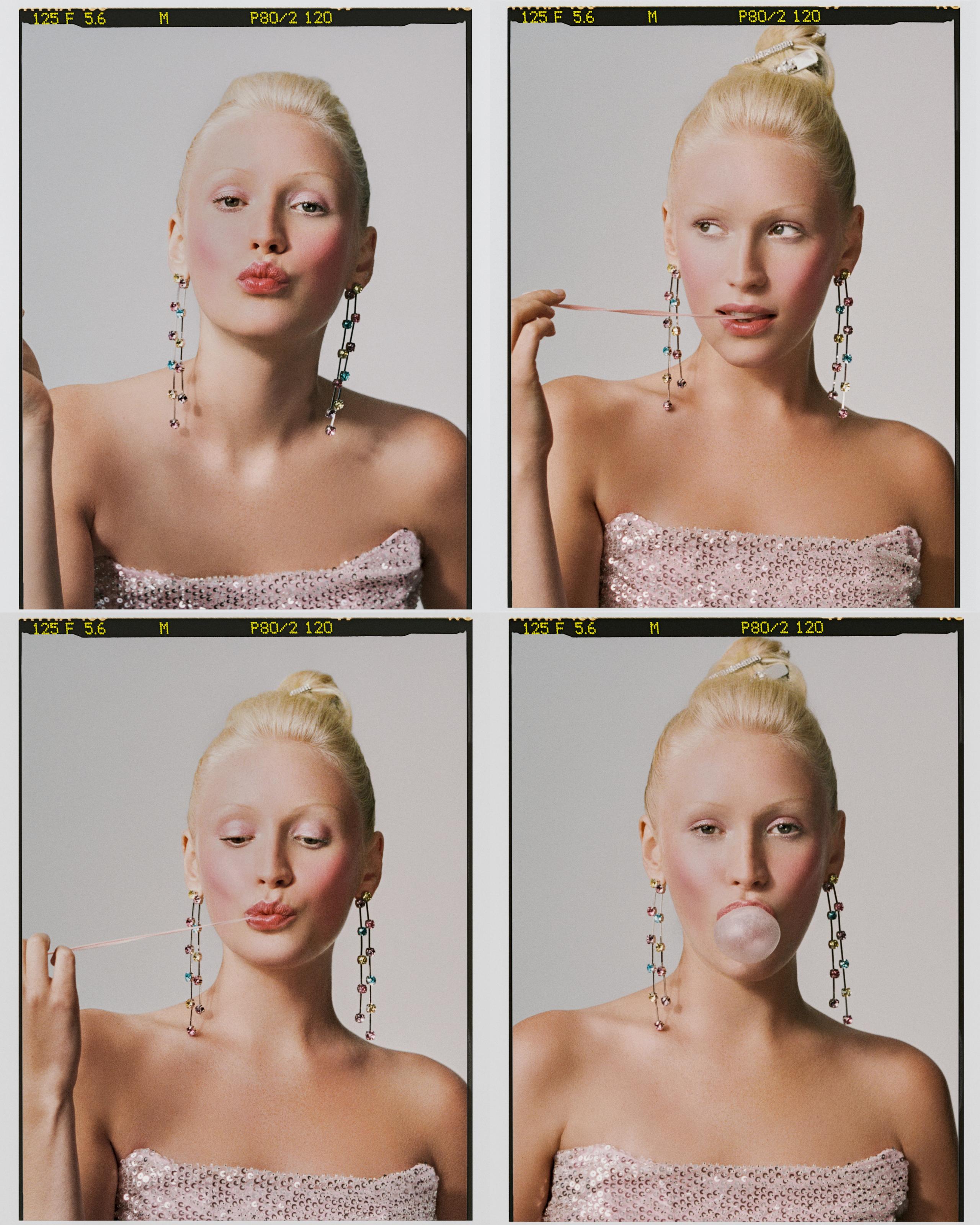 Contact-sheet grid of a platinum-blonde model in pink sequins and crystal drop earrings, blowing a bubblegum bubble