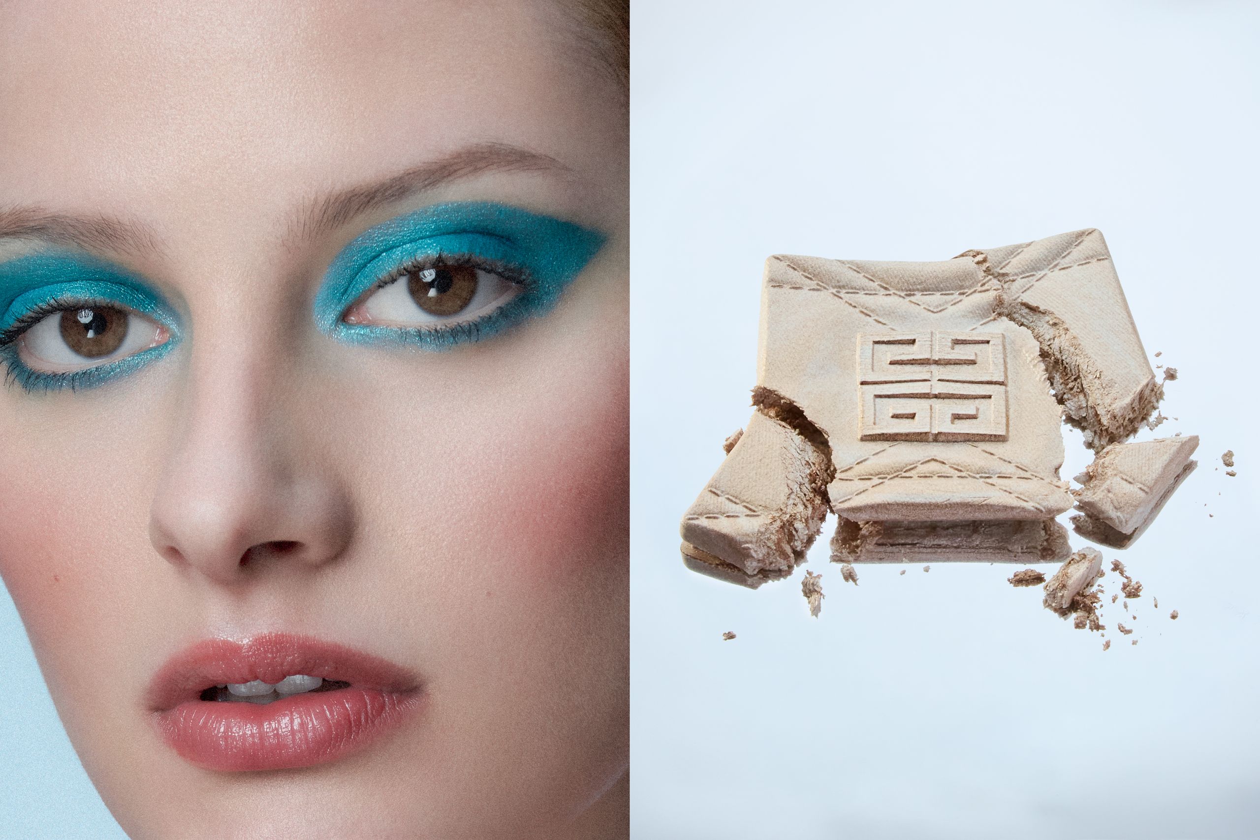 Model with bold turquoise eyeshadow and soft rose lips, paired with a crumbled Givenchy face powder
