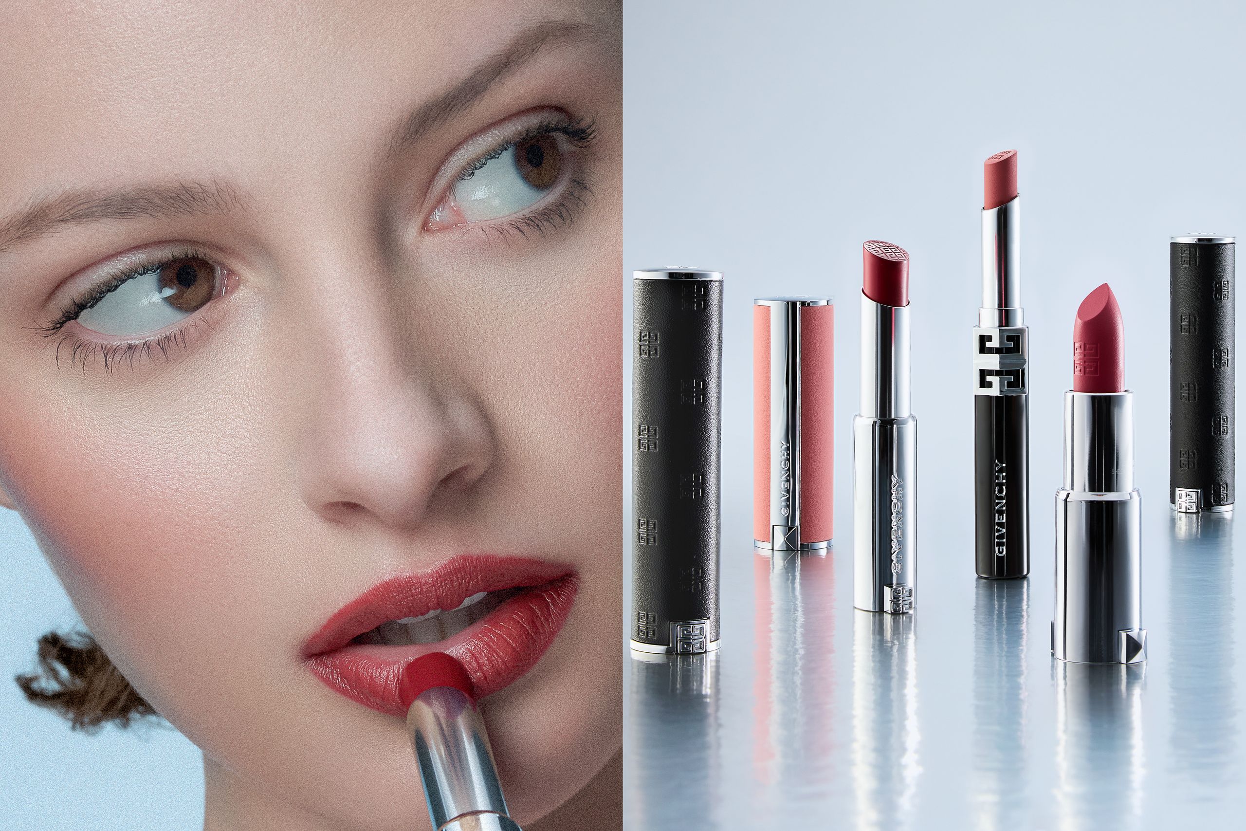 Model glancing sideways while applying red lipstick, paired with Givenchy lipsticks standing on a reflective surface