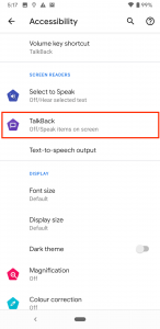 Menu options for Accessibility on Android, including enabling TalkBack screen reading