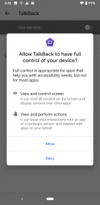 Pop up modal showing the options to allow or deny enabling TalkBack on a device