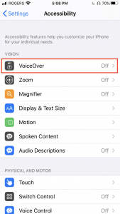 Accessibility menu screen on iOS, including the option to turn on VoiceOver