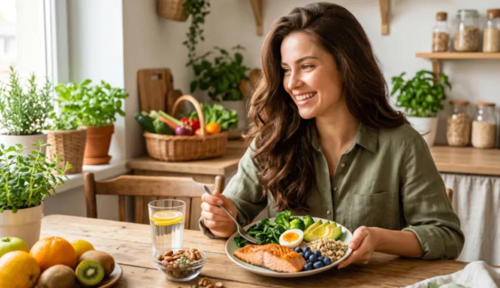 Mulher com cabelo saudável e prato nutritivo (salmão e vegetais), ilustrando a relação entre alimentação e prevenção da queda de cabelo.