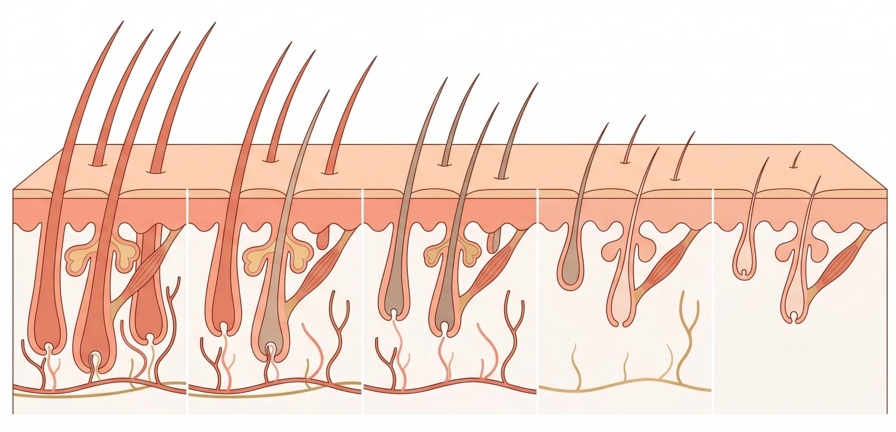 Ilustração clínica mostrando o processo de miniaturização folicular na alopecia androgenética, com representação em corte do couro cabeludo