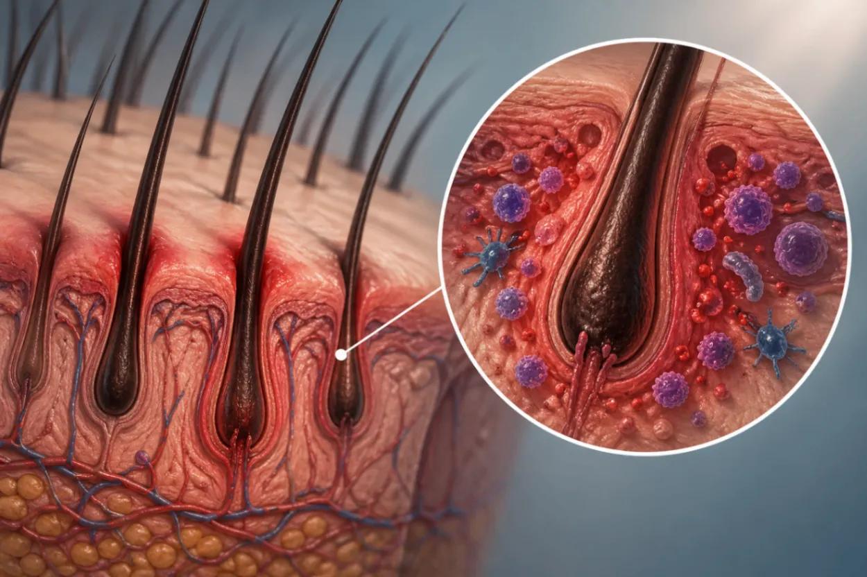 Uma ilustração mostrando uma comparação lado a lado de um folículo piloso saudável e um inflamado, destacando a inflamação crônica e a miniaturização do cabelo.