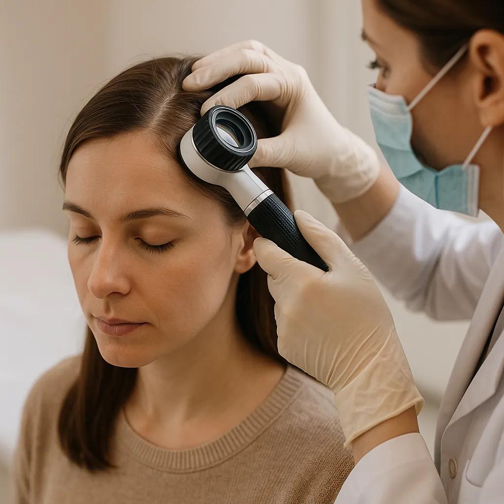 paciente em ambiente clínico com iluminação suave, examinando couro cabeludo com dermatoscópio, foco no diagnóstico capilar detalhado