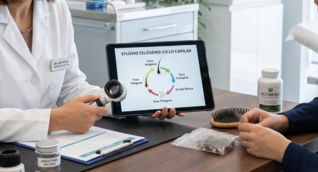 Consulta explicando o ciclo capilar e o eflúvio telógeno para uma paciente, utilizando um tablet com infográfico e dermatoscópio sobre a mesa em um consultório clínico.