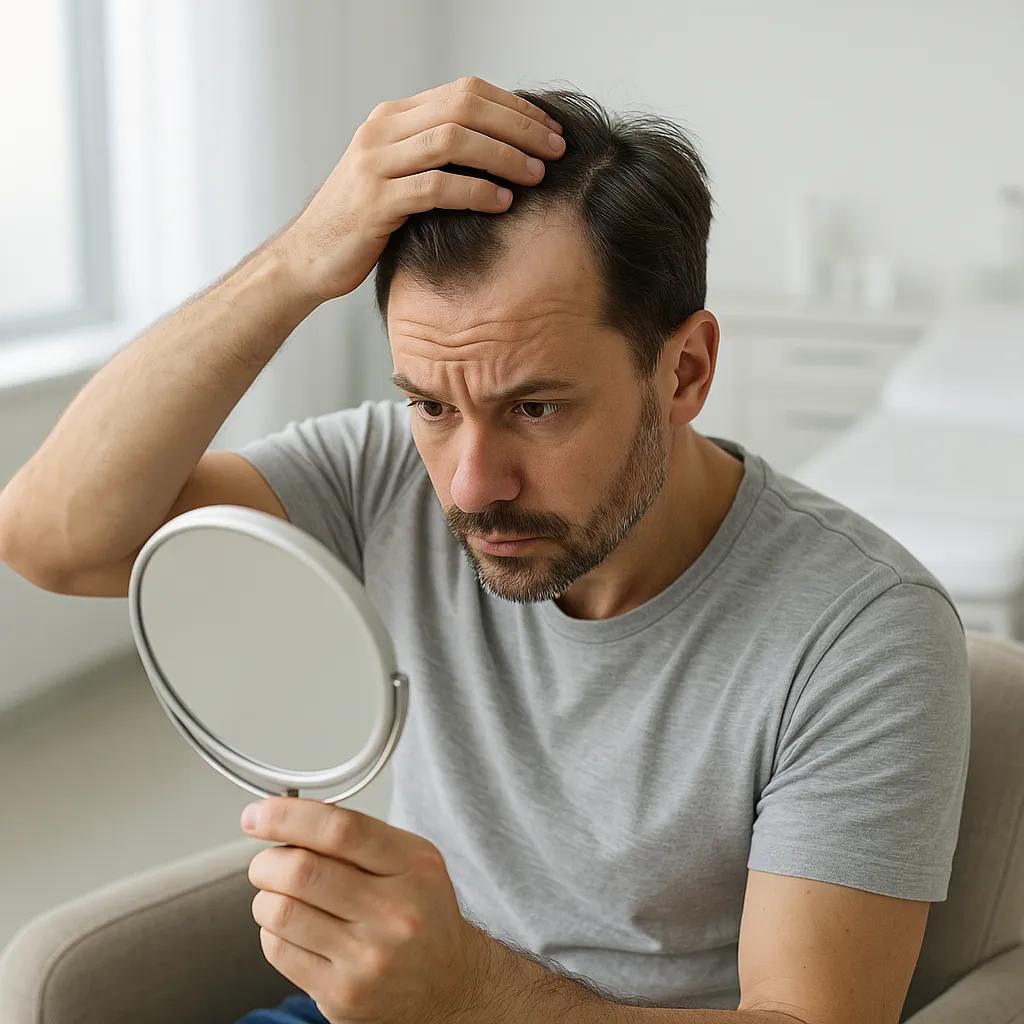 paciente em ambiente clínico, sentado em cadeira confortável, com luz natural suave, examinando o couro cabeludo em frente a espelho, estética clínica, foco no cabelo e couro cabel