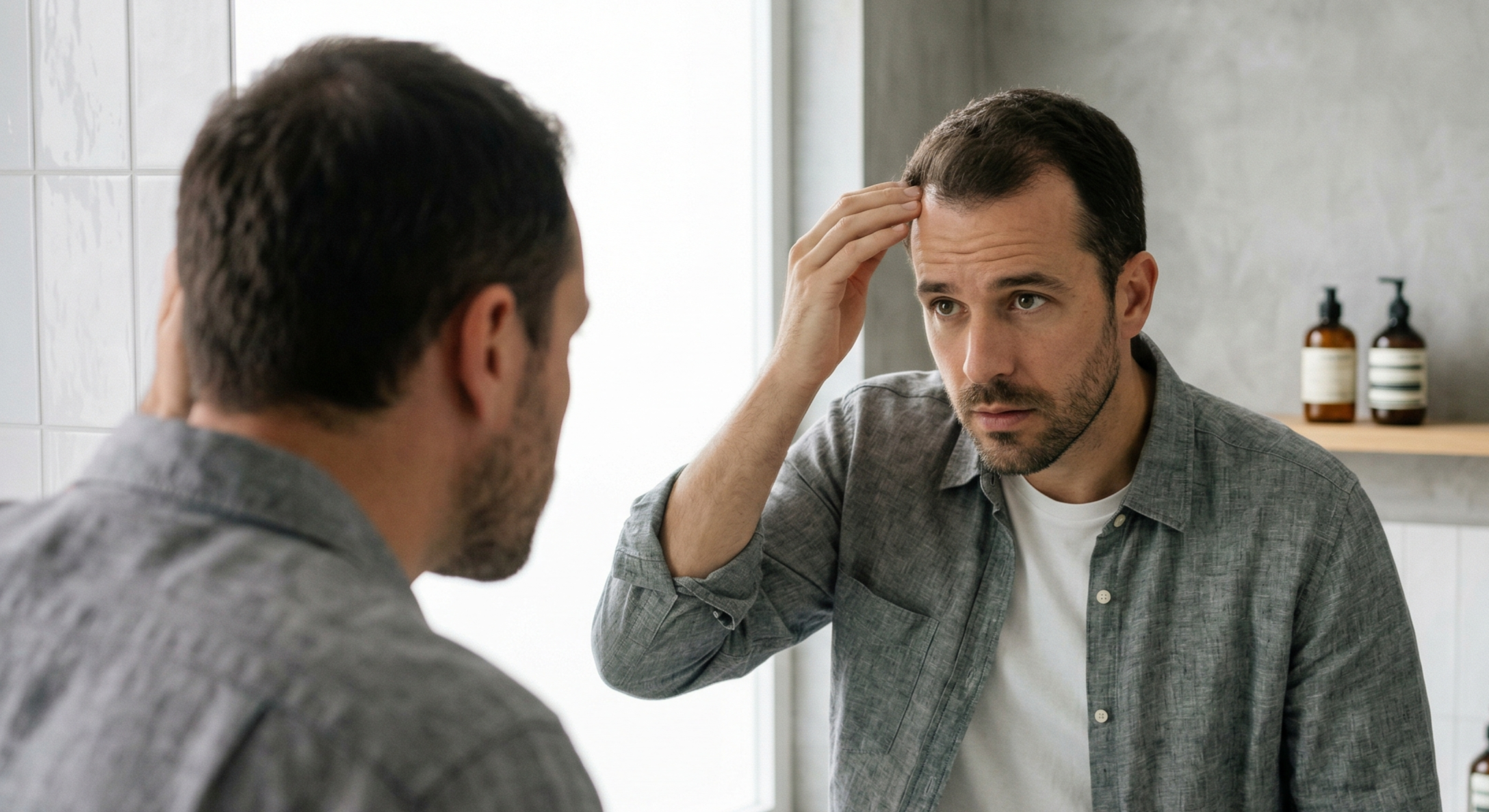 Homem em frente ao espelho observando a linha frontal do cabelo, leve preocupação na expressão