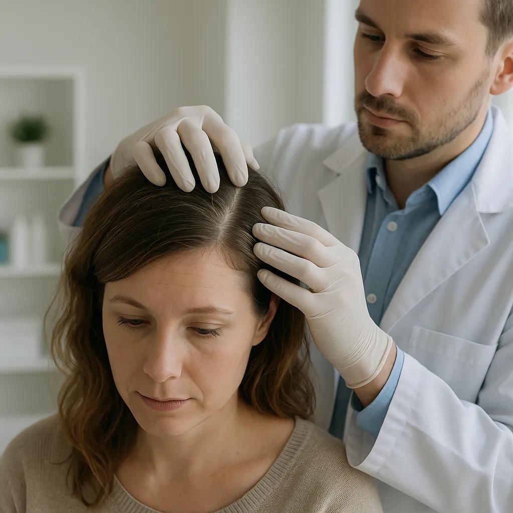 imagem clínica de paciente em consultório dermatológico, luz natural suave, foco no couro cabeludo com fios visíveis, avaliação profissional do cabelo