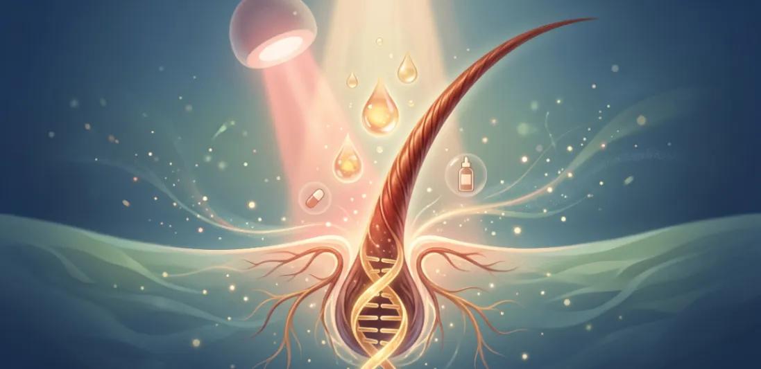 Ilustração artística e conceitual de um folículo capilar integrado a uma hélice de DNA brilhante, com ícones flutuantes representando tratamentos para calvície e alopecia androgenética, como laserterapia e fórmulas capilares, em um fundo azul profundo.