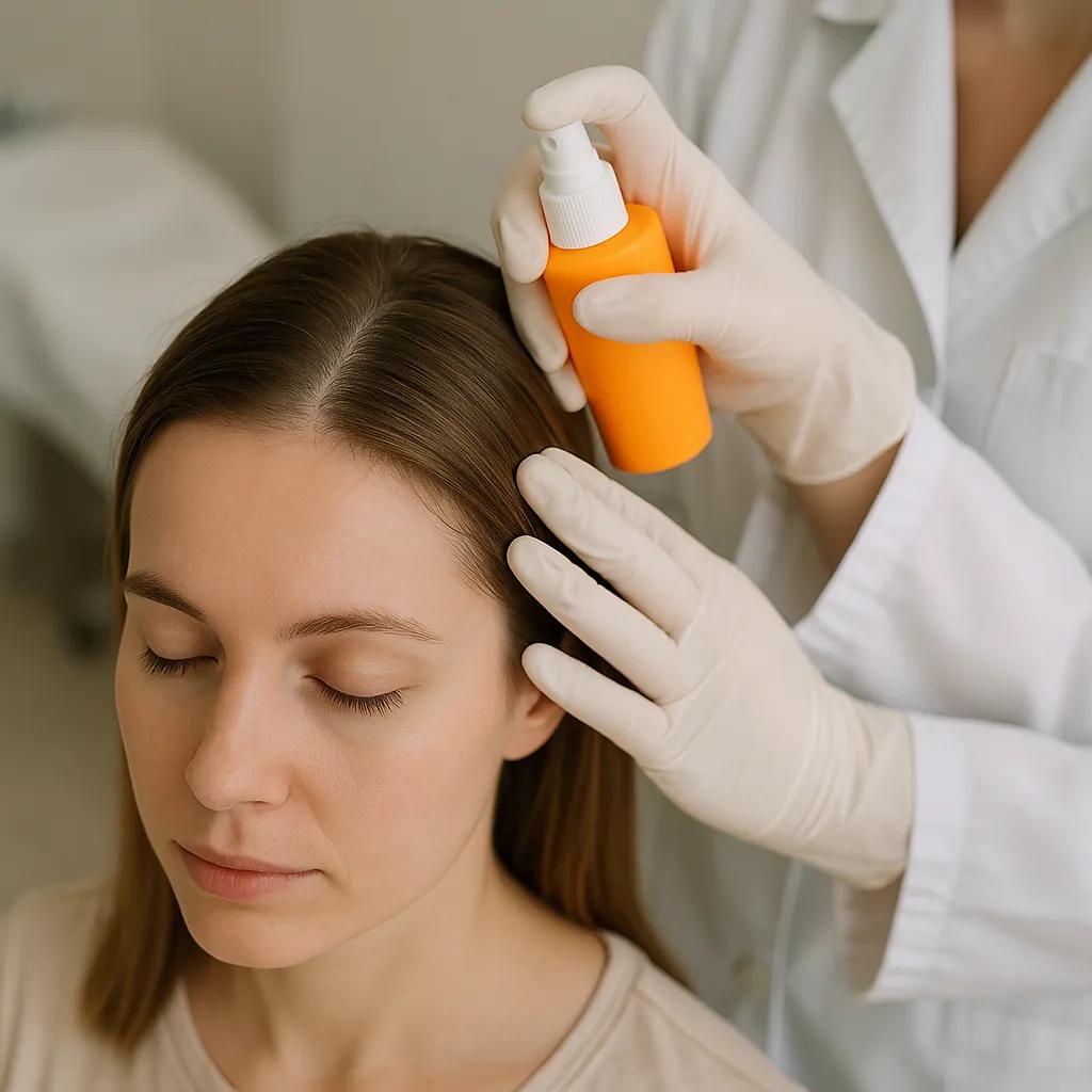 imagem fotorealista de paciente em ambiente clínico, iluminação suave, close no couro cabeludo enquanto dermatologista aplica protetor solar específico para cabelo, estética clínic