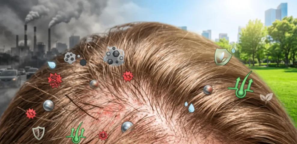 Ilustração comparativa de couro cabeludo sob efeito de poluição urbana com partículas e inflamação versus couro cabeludo saudável e protegido.