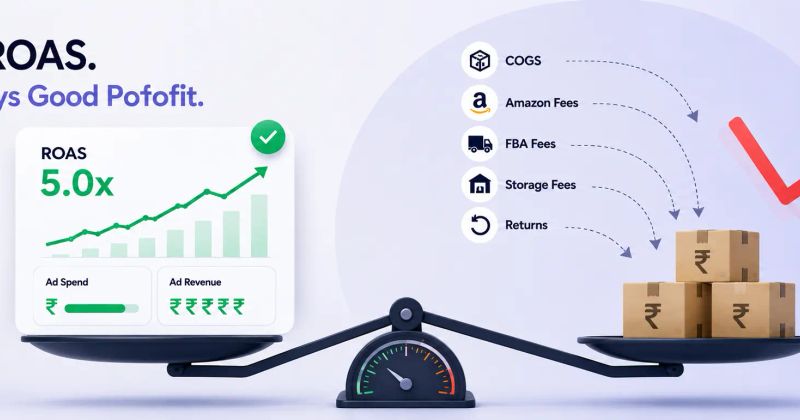 Modern workspace with a laptop displaying an Amazon advertising analytics dashboard, illustrating campaign performance, ACoS, ROAS, and PPC optimization.