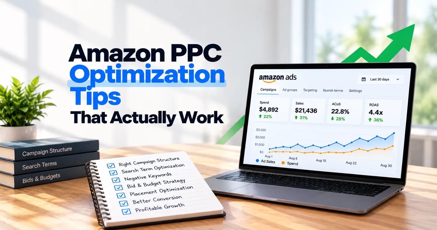Amazon PPC optimization tips dashboard showing search terms, bids, budgets, placements, and PPC performance