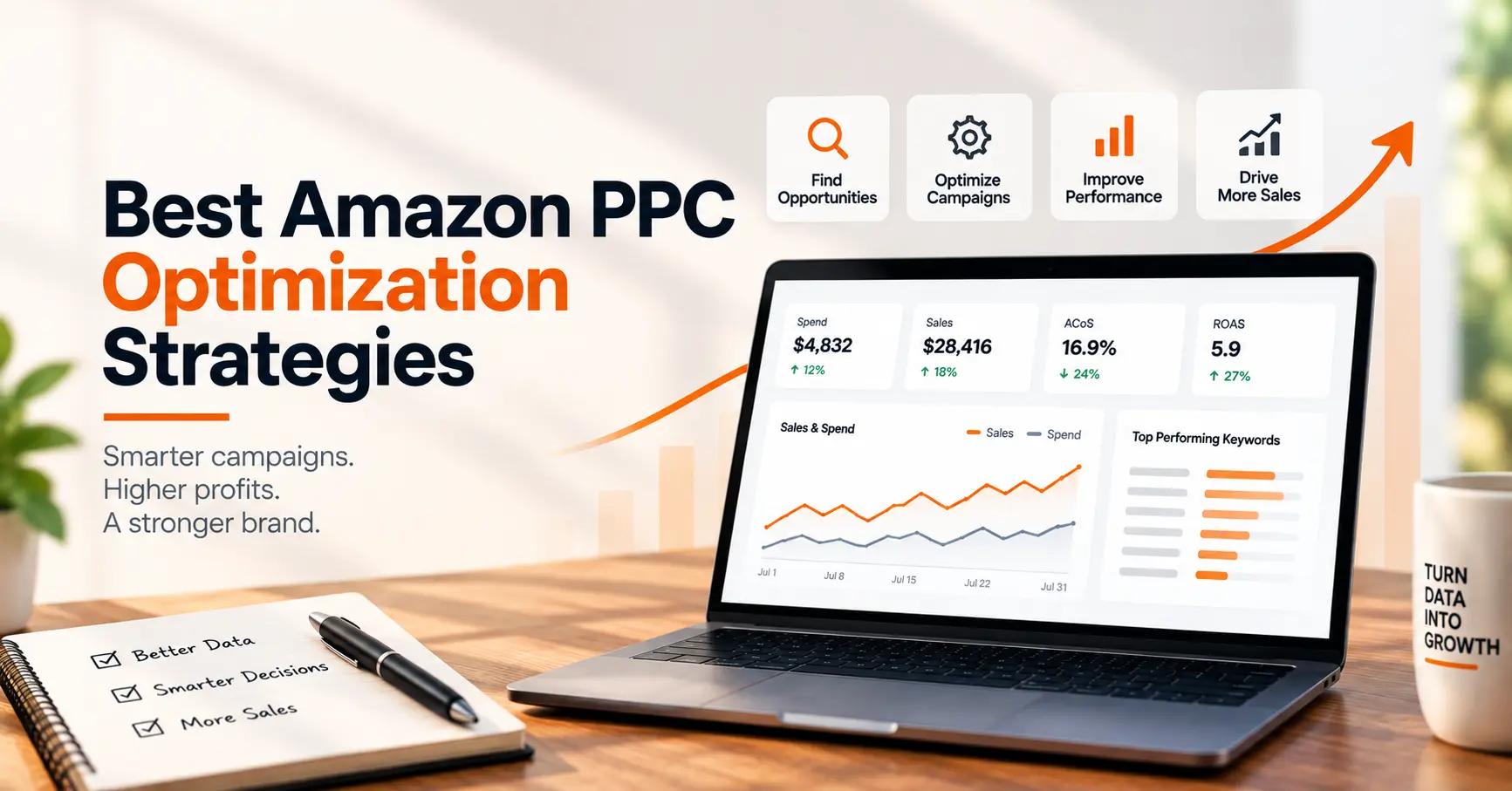 Amazon PPC optimization strategies dashboard showing ad spend, sales, ACoS, ROAS, and campaign performance