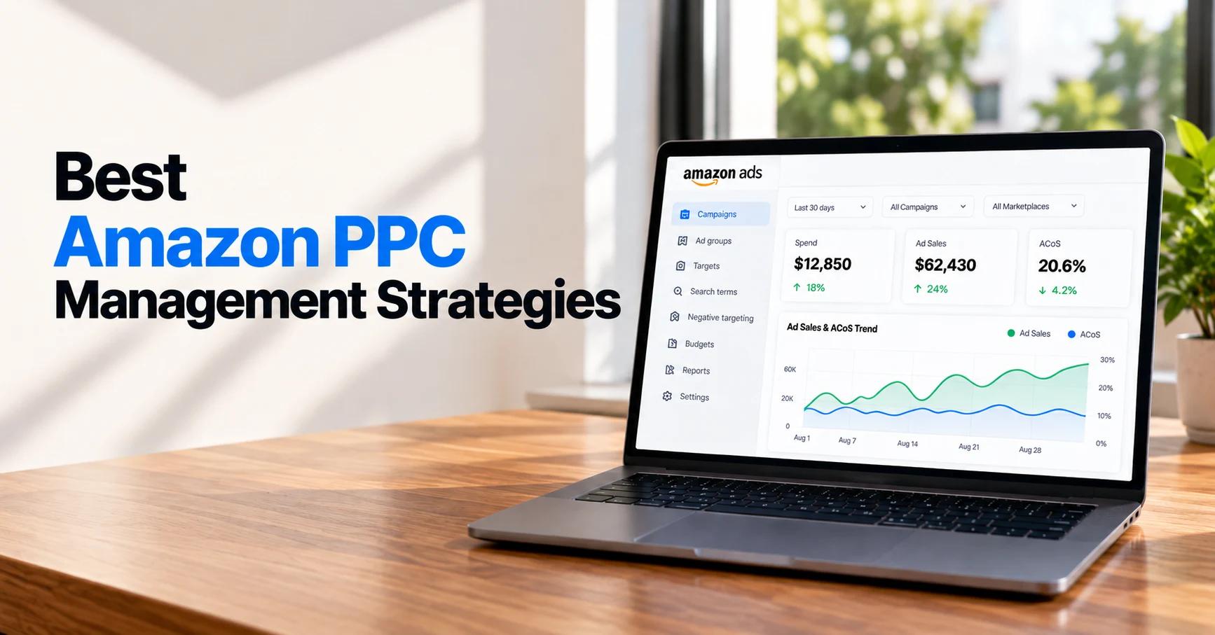 Amazon PPC management strategies shown on a laptop dashboard with campaign performance, ad sales, and ACoS metrics