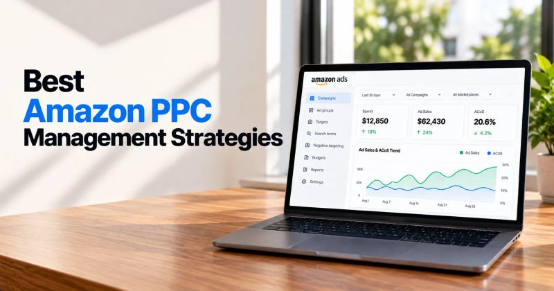 Amazon PPC management strategies shown on a laptop dashboard with campaign performance, ad sales, and ACoS metrics