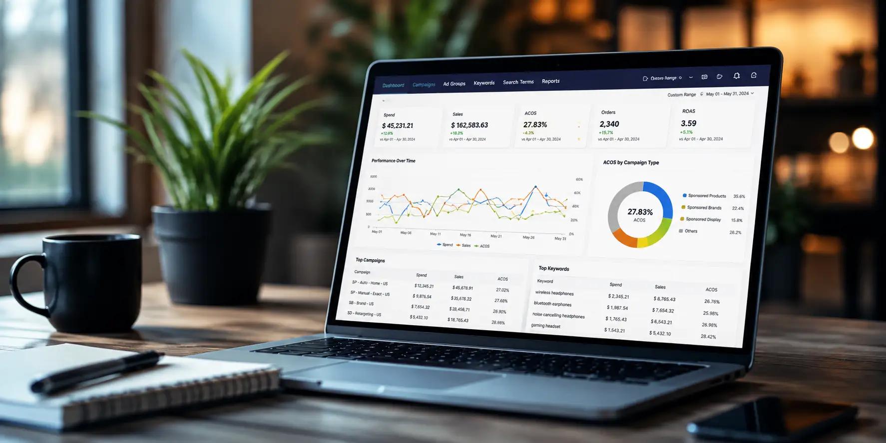 Modern workspace with a laptop displaying an Amazon advertising analytics dashboard, illustrating campaign performance, ACoS, ROAS, and PPC optimization.