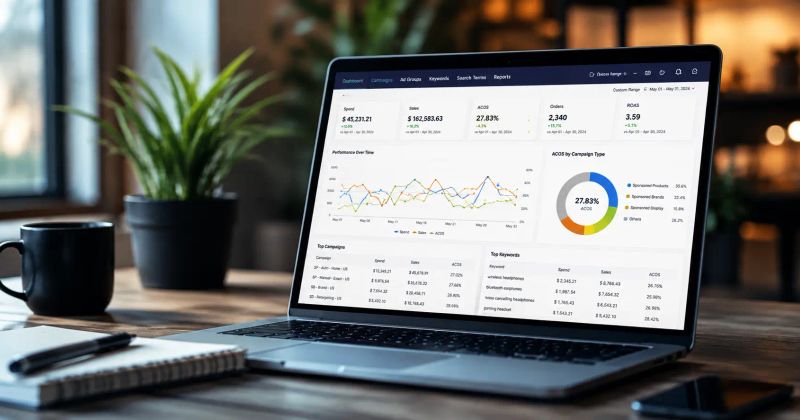 Modern workspace with a laptop displaying an Amazon advertising analytics dashboard, illustrating campaign performance, ACoS, ROAS, and PPC optimization.