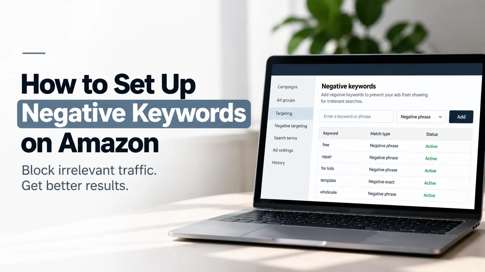 Amazon PPC negative keywords dashboard showing how to block irrelevant search traffic