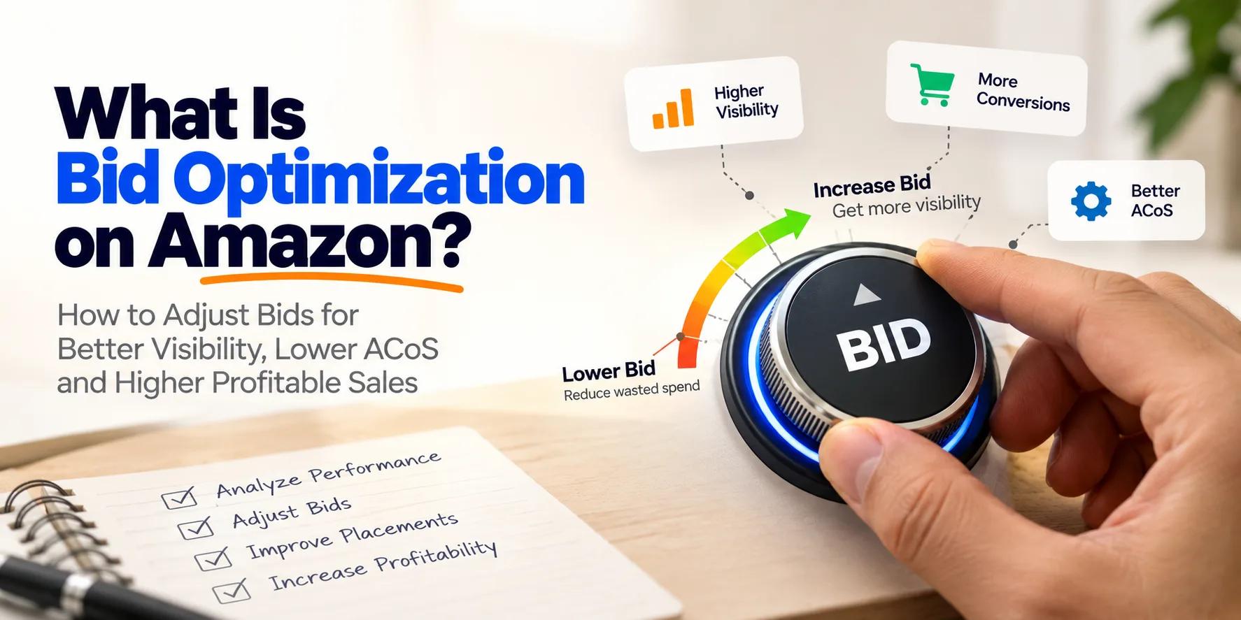 Amazon PPC bid optimization concept showing bid adjustments for visibility, conversions, and ACoS