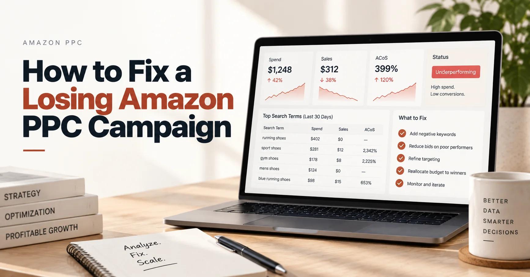 Amazon PPC campaign diagnosis showing how to fix a losing advertising campaign