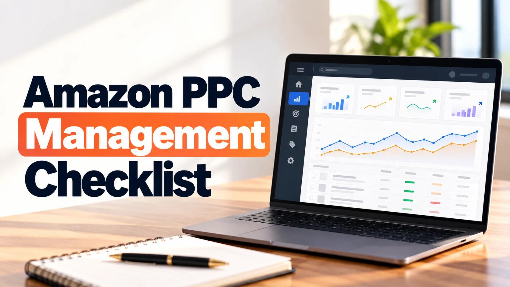 Amazon PPC management checklist showing a clean, organized workflow for reviewing campaigns, search terms, bids, budgets, placements, and product performance.