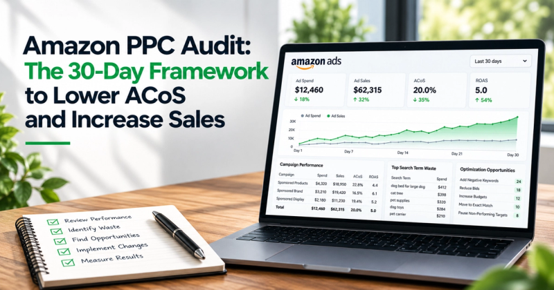 Amazon PPC audit dashboard showing campaign performance, wasted ad spend, and optimization opportunities