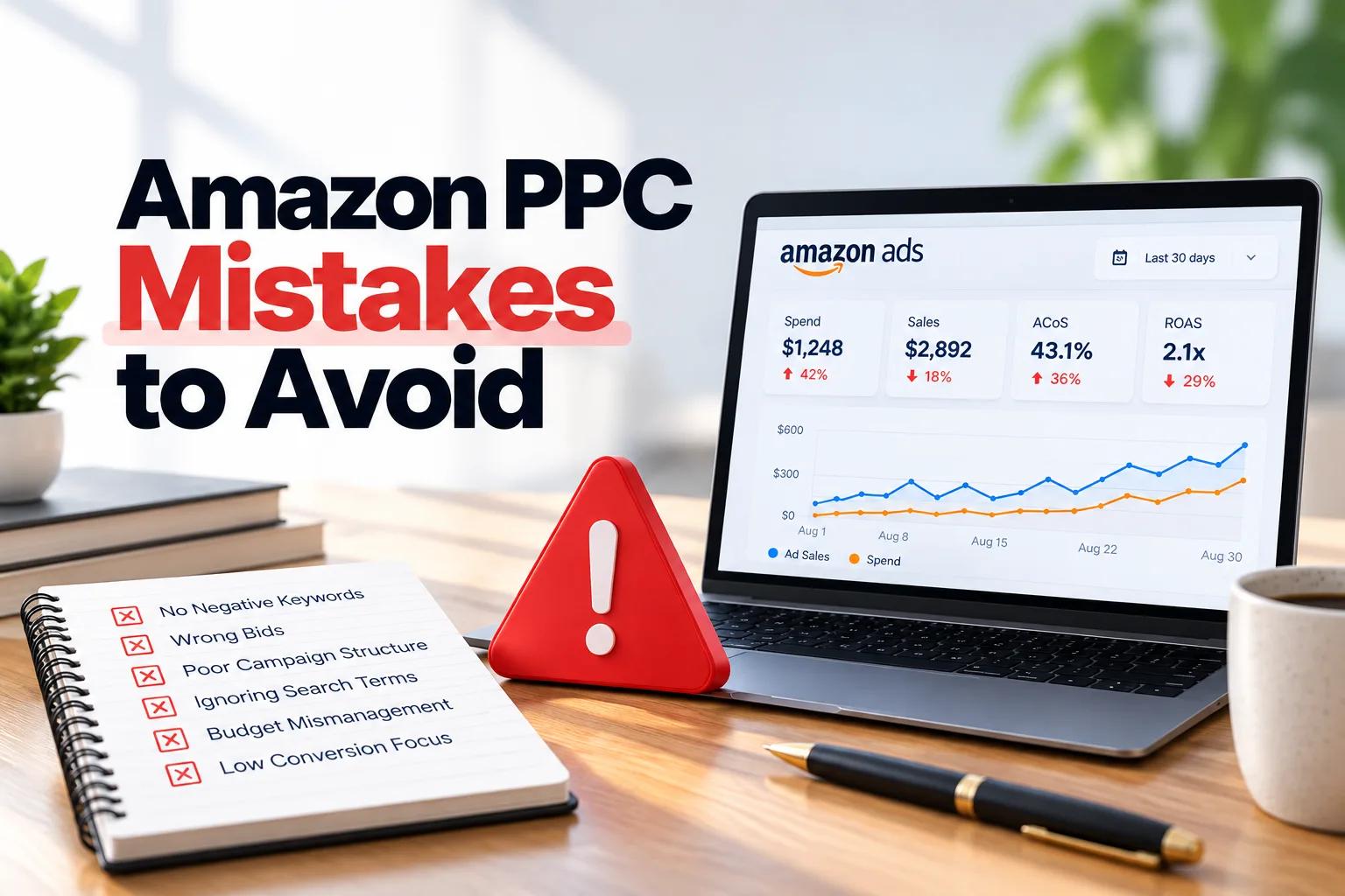 Amazon PPC mistakes to avoid, shown with a PPC performance dashboard, warning symbol, and checklist of common advertising errors