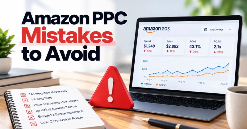 Amazon PPC mistakes to avoid, shown with a PPC performance dashboard, warning symbol, and checklist of common advertising errors