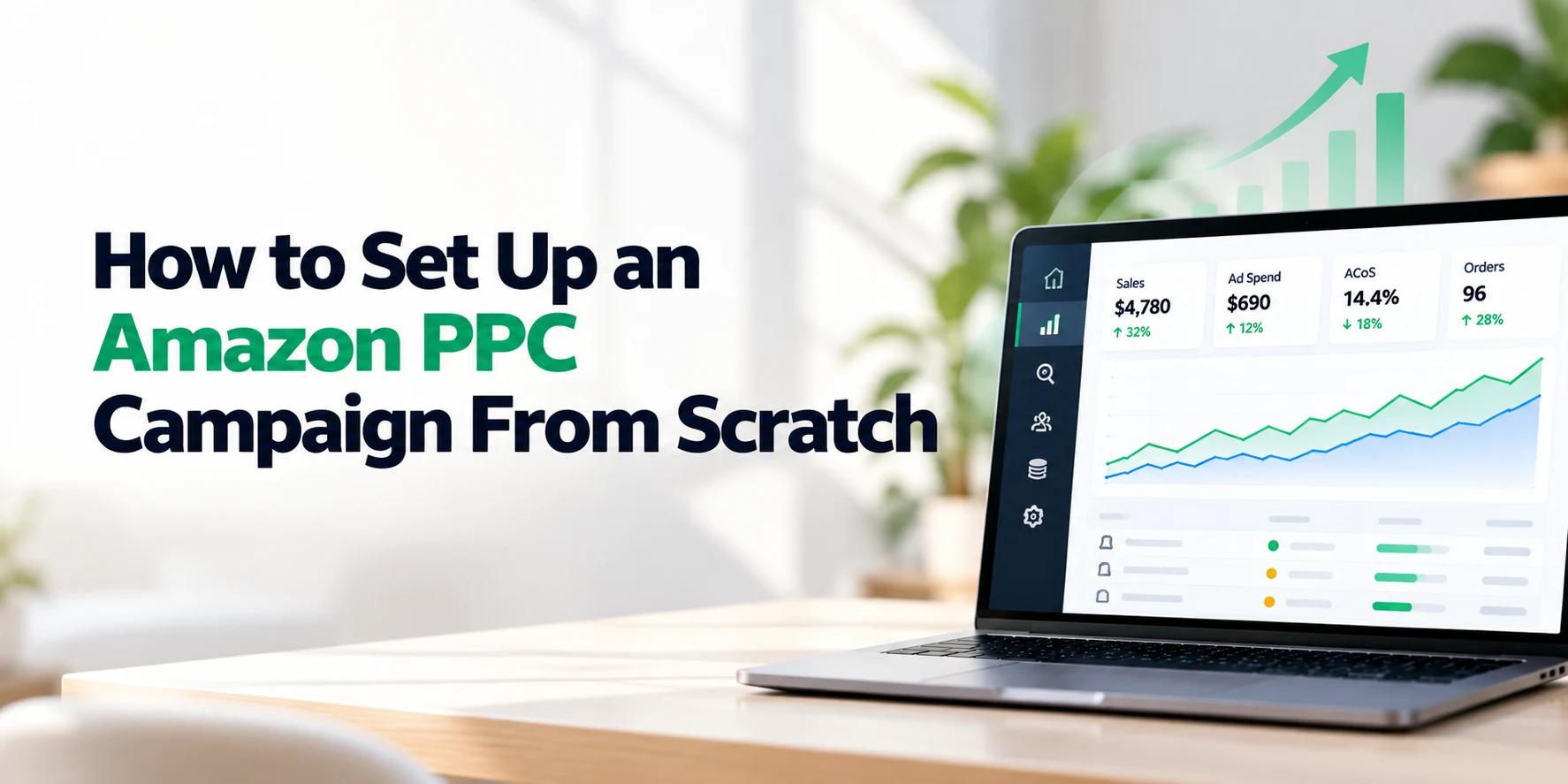 Amazon PPC campaign setup workflow showing product selection, campaign structure, targeting, bids, budget, and launch optimization on a clean SaaS-style dashboard.