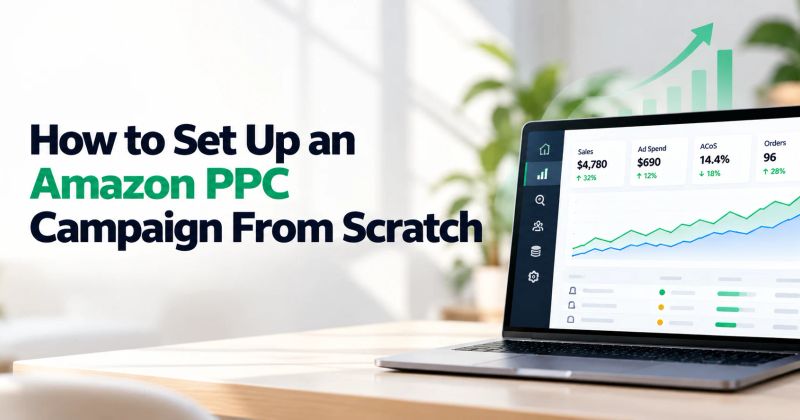 Amazon PPC campaign setup workflow showing product selection, campaign structure, targeting, bids, budget, and launch optimization on a clean SaaS-style dashboard.