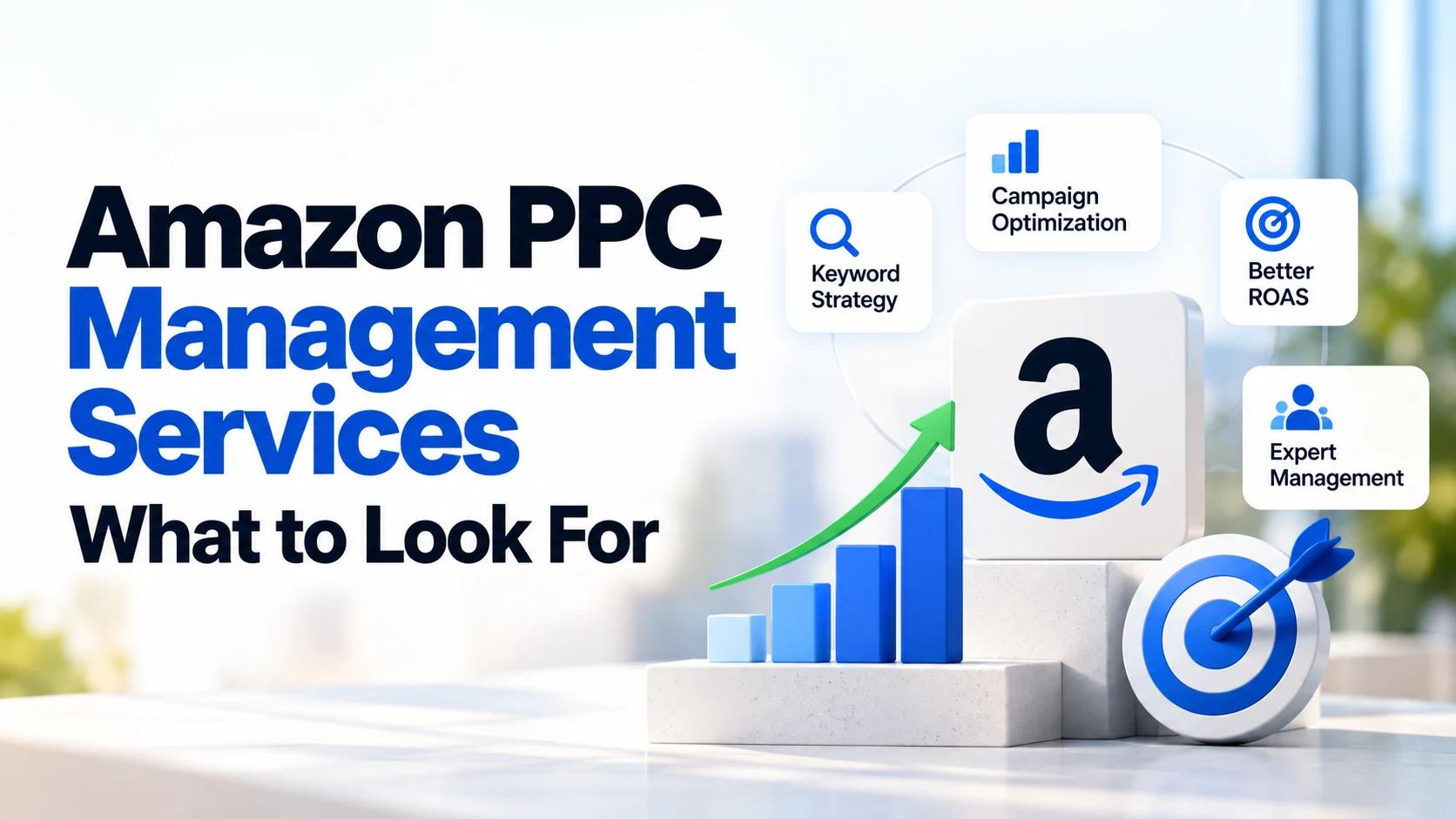 Amazon PPC management services concept showing campaign optimization, keyword strategy, performance growth, and advertising management.