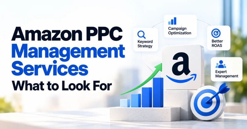 Amazon PPC management services concept showing campaign optimization, keyword strategy, performance growth, and advertising management.