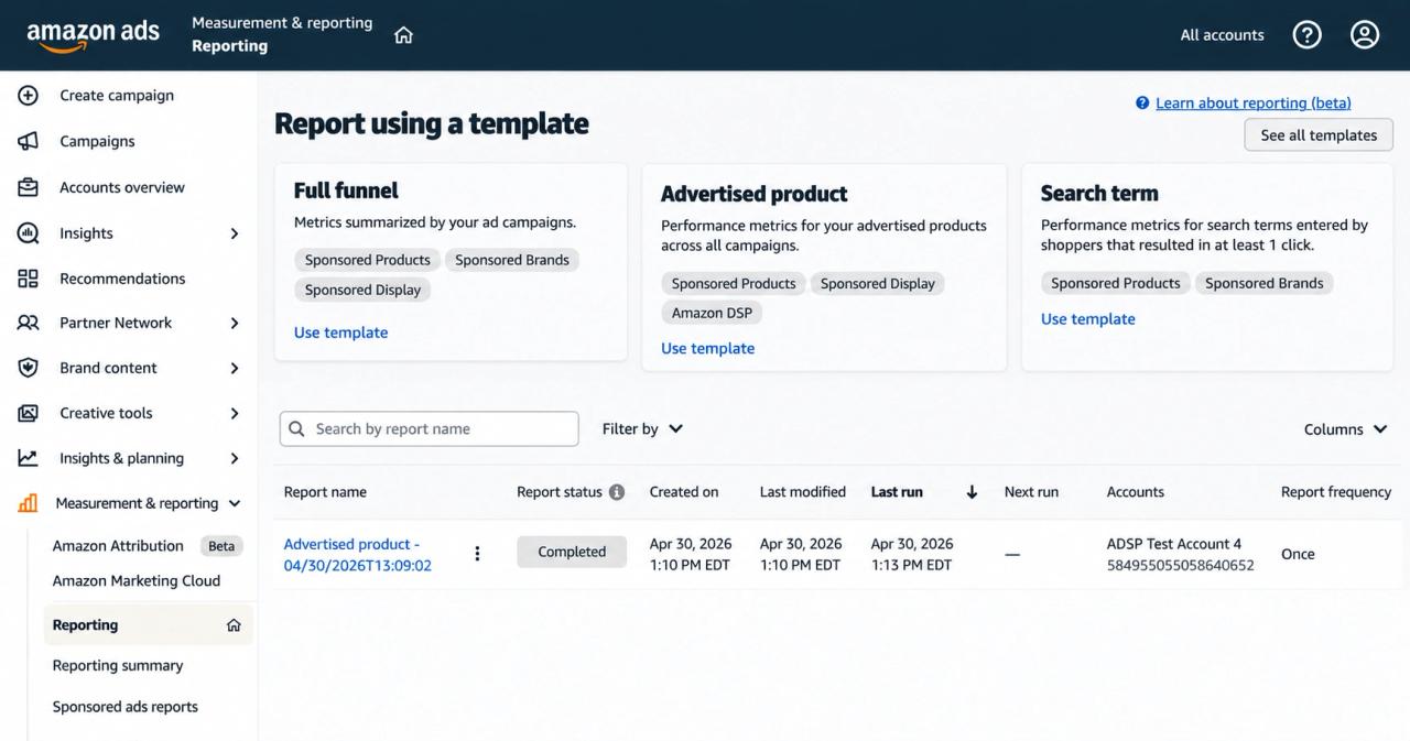Amazon Ads Unified Reporting create report screen showing filters, dimensions, and metrics.