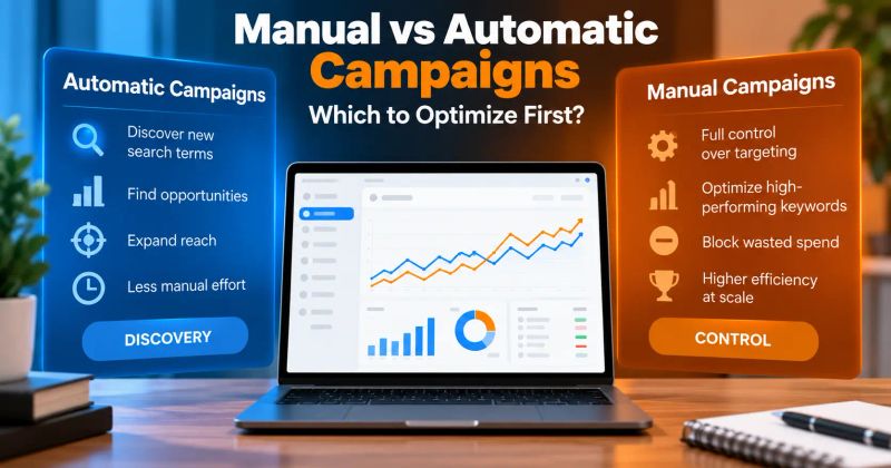 Manual vs automatic Amazon PPC campaigns showing campaign optimization and performance analysis